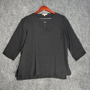 Banana Republic Blouse Womens Small Petite Black Semi Sheer V Neck Gold Detail